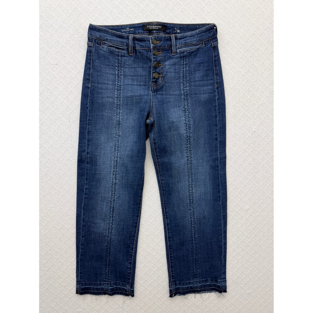Liverpool The Stove Pipe Jeans Salem Denim Wash High Rise Button Fly Raw Crop 28